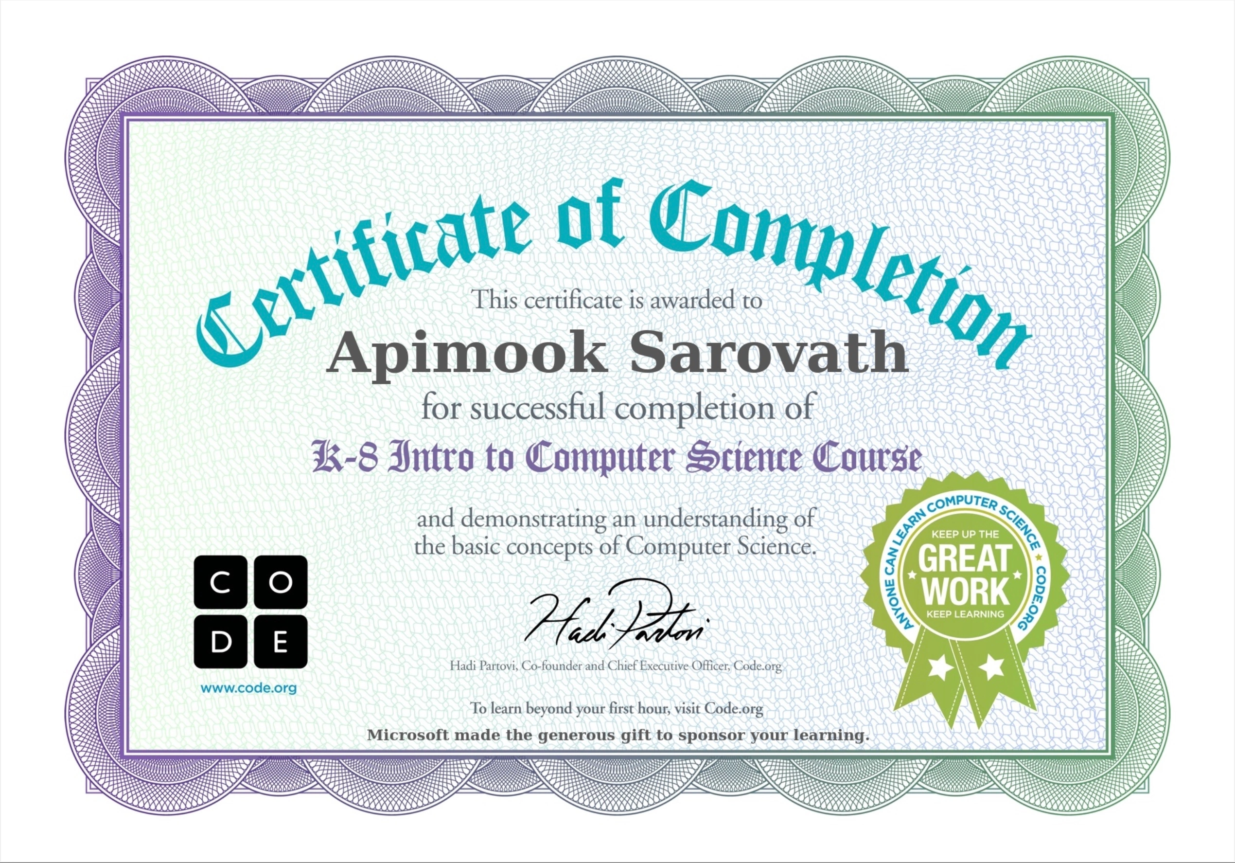 Intro to com sci certificate